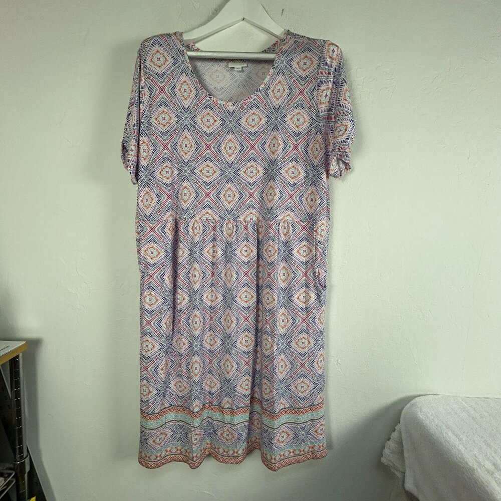 J. Jill Women's Short Sleeve Boho Geometric Print Midi Dress Purple/Orange XL